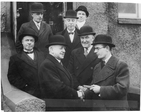 Opening of Cambuslang Ranger's New Pavilion
on 2nd January 1937 by James Fleming, President S.F.A.
(left to right) D.Carmichael, J.Clark, R.Fleming,
M.Connelly, James Fleming, President S.F.A., G.G.Graham, Secretary S.F.A , Austin Eadie, President Cambuslang Rangers F.C.